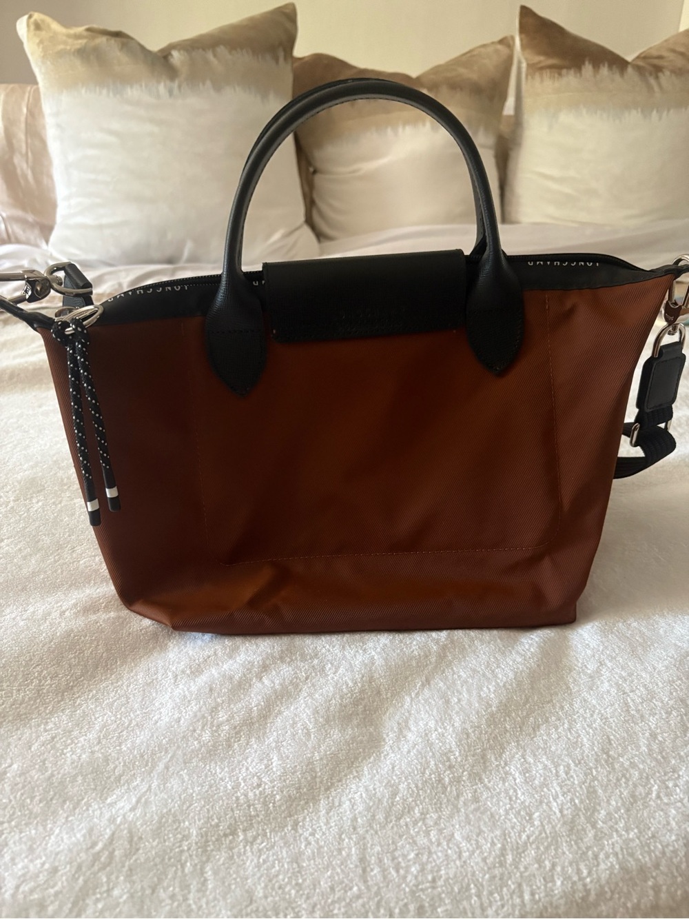Longchamp Brown Nylon Le Pliage Crossbody Tote with Black Trim - Picture 2 of 6